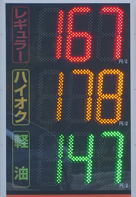 ▲2013年8月当時のガソリンスタンド（東名高速SA内）で表示されていた価格　
