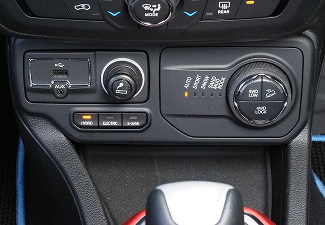インパネ中央下部に走行モード選択ボタンと4WD切り替えダイヤルを配置