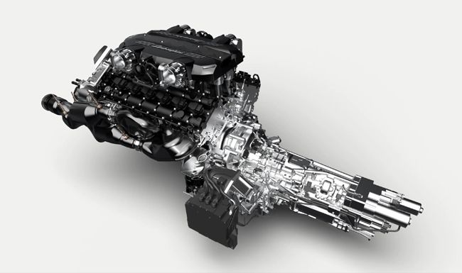▲パワートレインはミッドシップ配置の6498cc・V型12気筒DOHCエンジン（780hp／720Nm）に、ギアボックス内に組み込んだ最大34hp／35Nmを発生する48ボルト電動モーター、スーパーキャパシタで構成する