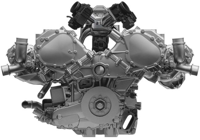 ▲ミッドシップ配置の3492cc・V型6気筒DOHC24Vツインターボエンジンは燃焼効率の向上や高耐熱材ターボの採用による過給圧アップ、冷却性能の向上などを実施する